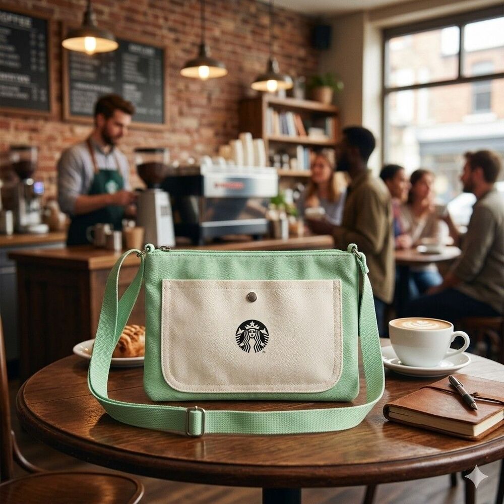 Starbucks Mint Green Canvas Crossbody Pouch Mini Purse Cream Pocket Siren Logo